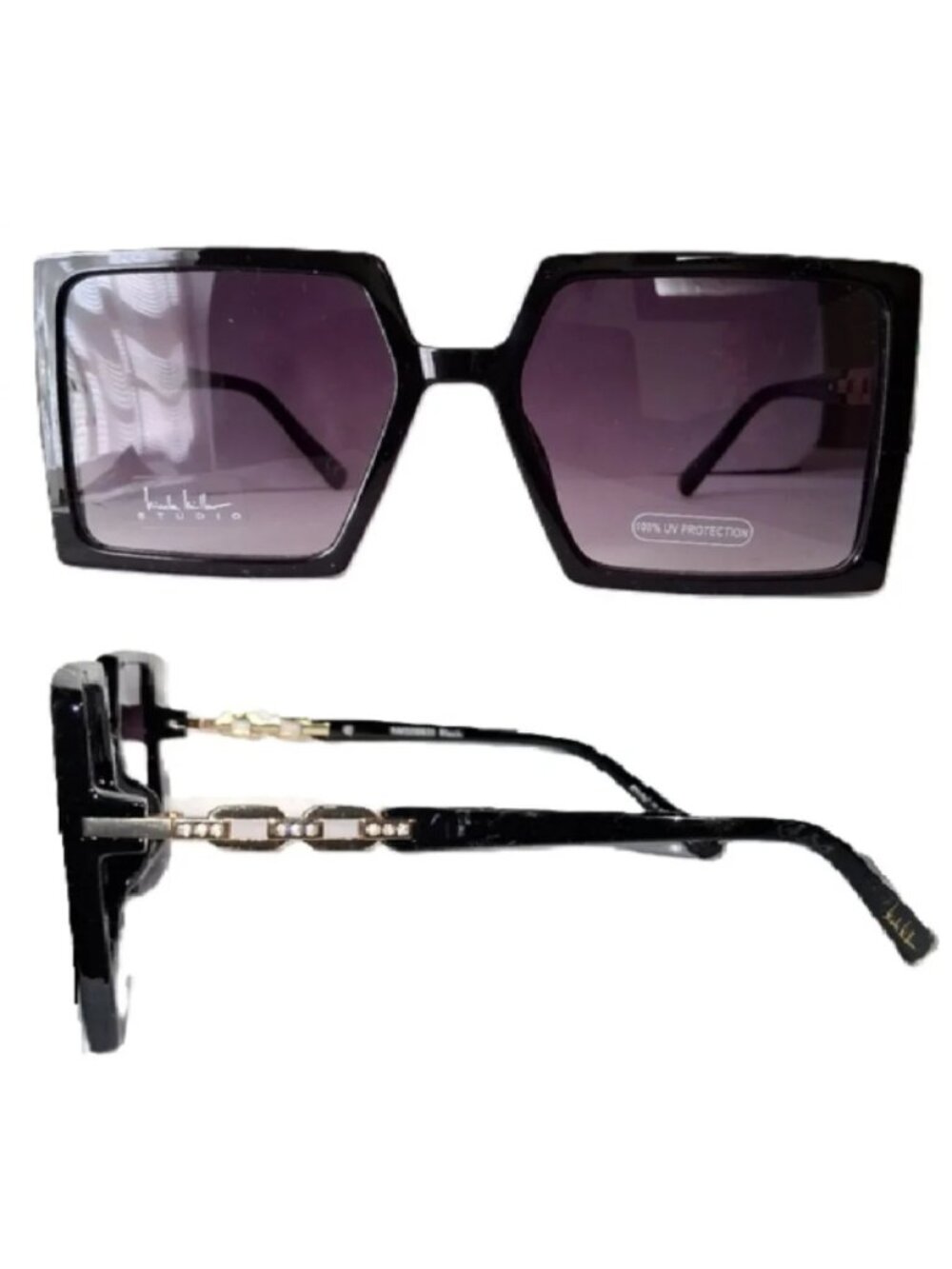 Women's Black Oversized Square Sunglasses with Chain Accents - Picture 3 of 5